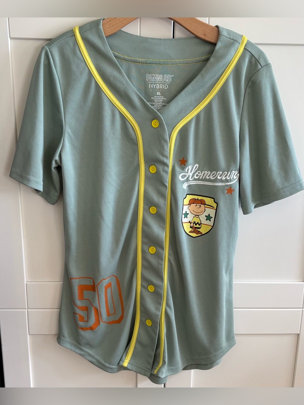 PEANUTS XLARGE Hybrid Apparel Green SNOOPY Baseball Jersey Double Side Print